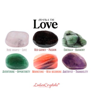 Liebe Kristalle Set, Kristall für die Liebe, Rosenquarz, roter Granat, Smaragd, grüner Aventurin, Mondstein, Amethyst, Heilkristalle, Geschenke, Edelsteine
