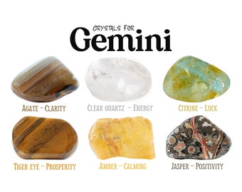 Gemini Crystals Set, Gemini Stones, Zodiac Stones, Agate, Clear Quartz, Citrine, Tiger Eye, Amber, Jasper, Zodiac Crystals, Gifts, Gems, Gem