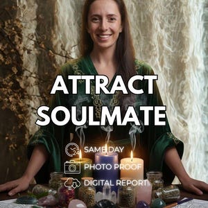 Pode incluir: Um roupão de veludo verde-escuro com bordados dourados, três velas acesas em verde, azul e branco, e vários frascos de vidro com ervas secas e cristais. O texto diz ATTRACT SOULMATE, SAME DAY, PHOTO PROOF, DIGITAL REPORT.