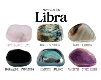 Libra Crystals Set, Libra Stones, Zodiac Stones, Rose Quartz, Opal, Agate, Black Tourmaline, Hematite, Amethyst, Zodiac Crystals, Gifts, Gem