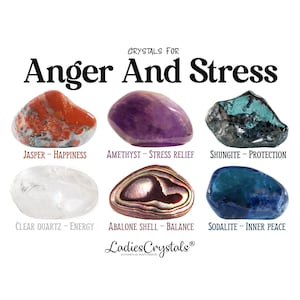 Könnte beinhalten: Bild mit sechs Kristallen und dem Text: "CRYSTALS FOR Anger And Stress." Die Kristalle sind Jaspis, Amethyst, Schungit, Bergkristall, Abalone-Muschel und Sodalith. Jeder Kristall ist mit seinem Nutzen beschriftet: Glück, Stressabbau, Schutz, Energie, Ausgeglichenheit und Innerer Frieden.