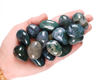 Moss Agate Tumbled Stone, Gift for Crystal Lovers, Natural Green Forest Pattern Gemstone