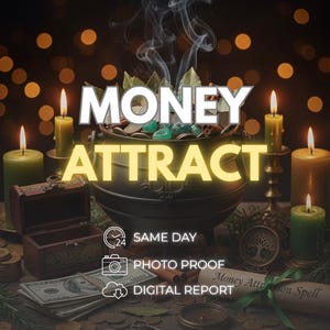 Puede incluir: Un caldero negro lleno de monedas y piedras verdes, rodeado de velas verdes, un pequeño cofre de madera, un fajo de billetes, una brújula y un pergamino con el texto Money Attract Spell. Texto: MONEY ATTRACT, 24 SAME DAY, PHOTO PROOF, DIGITAL REPORT.