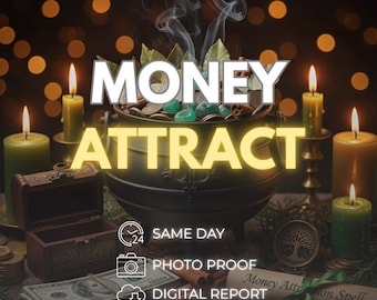 May include: A black cauldron filled with coins and green stones, surrounded by green candles, a small wooden chest, a stack of US dollar bills, a compass, and a scroll labeled Money Attract Spell. Text reads MONEY ATTRACT, 24 SAME DAY, PHOTO PROOF, DIGITAL REPORT.