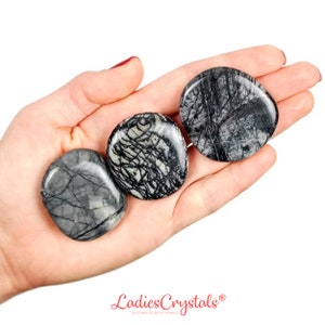 May include: Three polished, rounded stones featuring a grey and black spiderweb-like pattern. The stones have a smooth, glossy surface with intricate dark veining throughout. The text LadiesCrystals is printed in red at the bottom of the image.