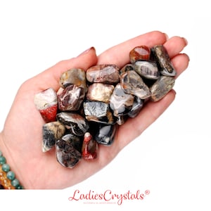 May include: A hand holding a pile of tumbled stones. The stones are a mix of black, white, red, and brown colors. The stones are smooth and polished.