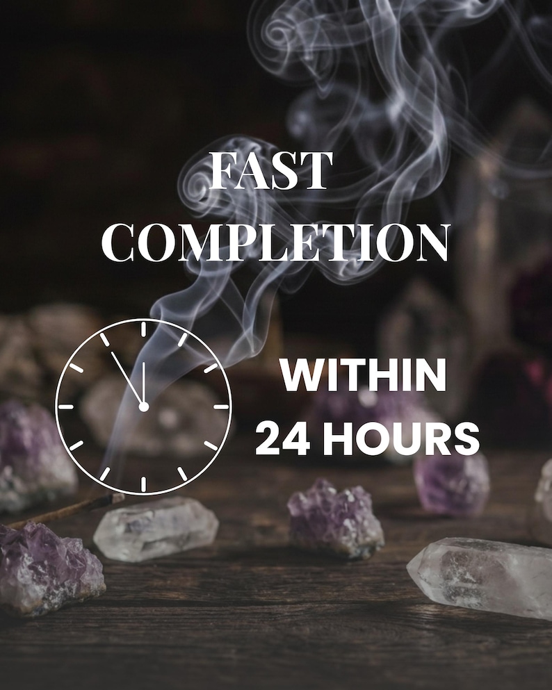 May include: A white graphic of a clock face overlaid on a scene of rising incense smoke and scattered purple amethyst crystals. The text FAST COMPLETION is displayed at the top, with WITHIN 24 HOURS positioned to the right of the clock graphic.
