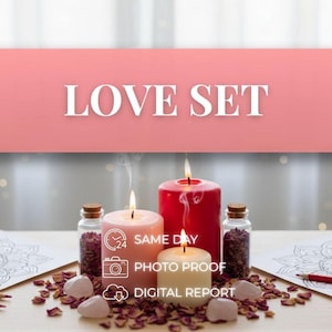 May include: A set of three lit candles in red, pink, and white, flanked by two small glass bottles filled with dried flower petals. The image features the text LOVE SET, 24 SAME DAY, PHOTO PROOF, and DIGITAL REPORT with associated icons.