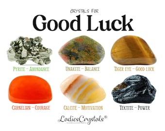 May include: An image showcasing six different crystals, each with a unique color and texture. The crystals are labeled with their names and associated qualities, such as "Pyrite - Abundance" and "Tiger Eye - Good Luck." The text "Crystals for Good Luck" is displayed at the top.