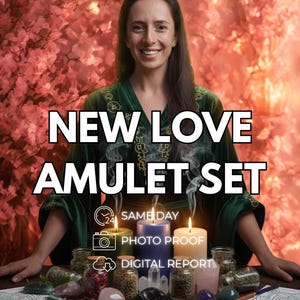 May include: A New Love Amulet Set featuring three lit candles in green, blue, and white, surrounded by small glass jars filled with herbs, various polished crystals, and two colored pencils resting on printed mandala patterns.