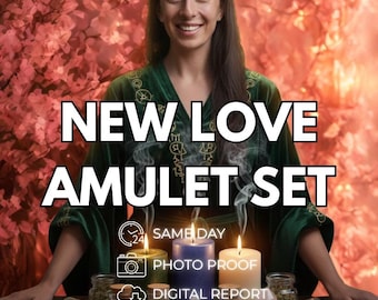 May include: A New Love Amulet Set featuring three pillar candles in green, blue, and white, surrounded by small glass jars filled with dried herbs, various polished crystals, and two colored pencils on patterned paper sheets.