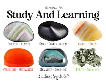 May include: An image featuring six polished crystals with labels: Fluorite for clarity, Onyx for concentration, Calcite for focus, Carnelian for motivation, Hematite for discipline, and Pyrite for good luck. The text "Study And Learning" is at the top.