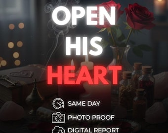 May include: A dark, atmospheric scene featuring two red roses in a glass vase, lit candles, and a book. The text reads OPEN HIS HEART, SAME DAY, PHOTO PROOF, and DIGITAL REPORT. Smoke curls upward near the white and red text against a dim background.