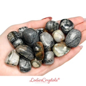 May include: A collection of polished stones in shades of grey, brown, and cream. The stones display unique veining patterns and textures. The image includes the text "Ladies Crystals®".