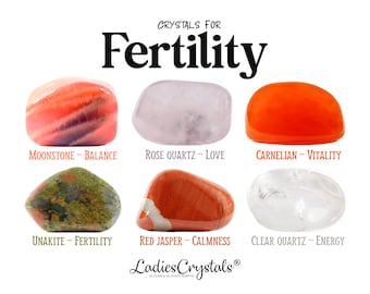 Conjunto de Cristais para Fertilidade, Cristais para Fertilidade, Pedra da Lua, Quartzo Rosa, Cornalina, Unakita, Jaspe Vermelho, Quartzo Transparente, Cristais de Cura, Presentes