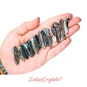 Peut inclure: Une rangée de morceaux de coquille d'ormeau irisée, dans des tons de vert, de bleu et d'argent, est disposée dans une main ouverte. Les coquillages ont un aspect naturel et texturé. Le logo Ladies Crystals est visible en bas.