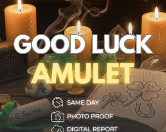 May include: A collection of items including yellow textured candles, green crystals, gold coins, a small white vessel, a metal key, and an open book with a four-leaf clover drawing. Text reads GOOD LUCK AMULET, 24 SAME DAY, PHOTO PROOF, DIGITAL REPORT.