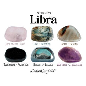 May include: An image featuring six polished gemstones for the Libra zodiac sign. The stones include rose quartz, opal, agate, tourmaline, hematite, and amethyst. Each stone is labeled with its name and associated benefit, such as "Love" and "Stress Relief."