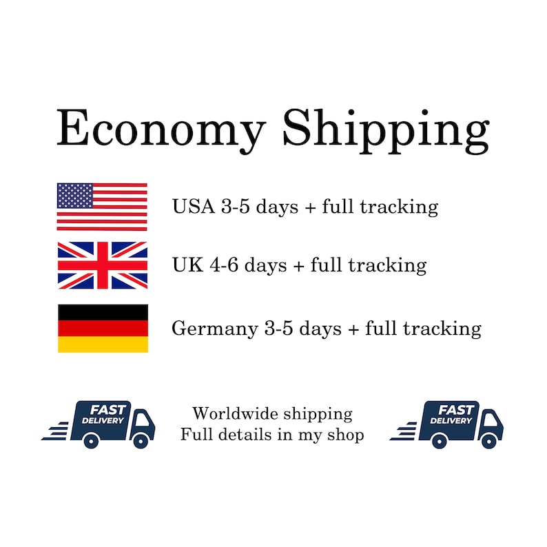 May include: A graphic display with the text Economy Shipping. It features the flags of the USA, UK, and Germany, each followed by delivery timeframes and tracking information. Two blue truck icons with the text FAST DELIVERY are at the bottom.