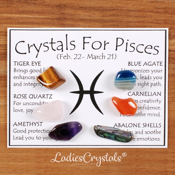 Pisces Crystals Set, Pisces Crystal Set, Tiger Eye, Rose Quartz, Amethyst, Blue Agate, Carnelian, Abalone Shells, Gifts, Stones, Crystals