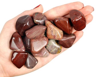 May include: A handful of polished red jasper stones. The stones vary in shape and size, with a mix of solid and patterned surfaces. The colors range from deep burgundy to lighter reddish-brown hues. The image includes the text "Ladies Crystals".