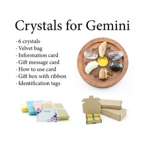 May include: A set of crystals for Gemini, including six stones, a velvet bag, information card, gift message card, and a gift box with ribbon. The crystals are displayed on a wooden tray. The text "Crystals for Gemini" is at the top.