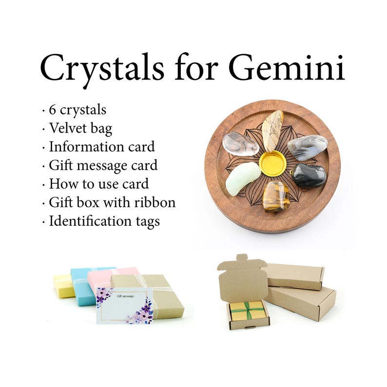 May include: A set of crystals for Gemini, including six stones, a velvet bag, information card, gift message card, and a gift box with ribbon. The crystals are displayed on a wooden tray. The text "Crystals for Gemini" is at the top.