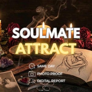 May include: An open book with a sketch of a couple, two lit candles, red roses, a heart-shaped pendant, and two rings. Text reads: SOULMATE ATTRACT, 24 SAME DAY, PHOTO PROOF, and DIGITAL REPORT. Smoke rises from incense near purple crystals.