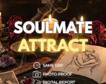 May include: A display featuring the text SOULMATE ATTRACT, SAME DAY, PHOTO PROOF, and DIGITAL REPORT. The scene includes lit candles, red roses, a sketch of an embracing couple in an open book, a heart-shaped pendant, and two silver rings with a ribbon.