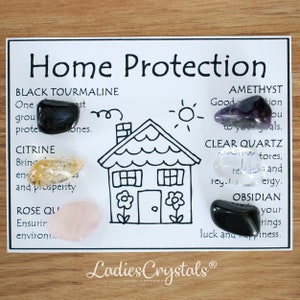 Juego de cristales para la protección del hogar, piedras para la protección del hogar, regalo para un nuevo hogar: turmalina negra, amatista, cuarzo rosa, cuarzo transparente, obsidiana y citrino.