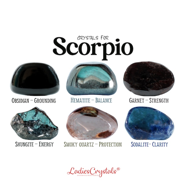 Scorpio Crystals Set, Scorpio Stones, Zodiac Stones, Black Obsidian, Hematite, Garnet, Shungite, Smoky Quartz, Sodalite, Crystals, Gifts