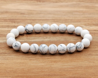 Howlite Bracelet, Marble Bracelet, White Gemstone Beaded Jewelry, Stress Relief Calming Stone, Sleep and Anxiety Gift, Patience Crystals