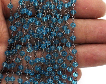 Blue Topaz Hydro Rondelle Rosary Chain: Gunmetal Wire Wrapped, 3mm Faceted Beads