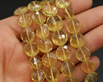 Honey Quartz Faceted Puffed Coin, Handmade Beads: 10-13mm, 16" Strand