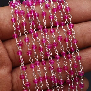 Pink Hydro Rosary Beaded Chain, 3mm, Faceted Rondell, Silver Plated Wire Wrapped Chain, Handmade Rosary, Finding Chain, Jewelry Making Chain