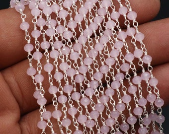 Rose Quartz Rosary Chain: 3mm Faceted, Silver Plated Wire Wrapped