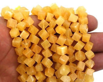 Yellow Aventurine Cube Beads: Smooth Gemstone, Cross Drilled, 13" Strand, 6-7mm