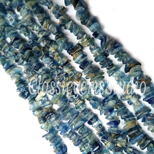 Könnte beinhalten: Eine Strähne blauer Kyanit-Chipsperlen. Die Perlen sind unregelmäßig geformt und haben eine natürliche, raue Textur. Die Perlen sind auf einem weißen Faden aufgefädelt.