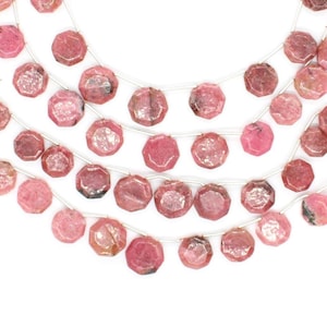 Cuentas facetadas de rodonita con corte hexagonal escalonado, rodonita rosa de forma elegante, 10-14 mm, cuentas hexagonales, cuentas planas, cuentas artesanales hechas a mano.