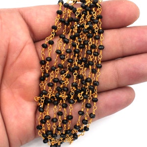 Black Tourmaline Hydro Rosary Chain: 3mm Faceted Gold Plated Beaded Chain