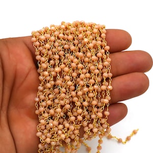 Beaded Rosary Chain, Peach Moonstone Hydro, 3MM,Faceted Beads, Rondelle Beads Chain, Golden Plated Wire Wrapped Chain, Jewelry Making Tool