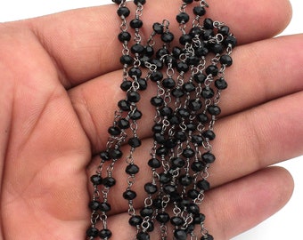 Black Onyx Hydro Rondelle Faceted Rosary Beaded Chain, 3-3.50mm, Black Plated Wire Wrapped Chain, Finding Bulk Roll, Craft Tools Jewelry