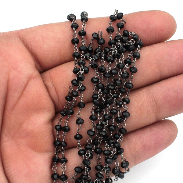 Black Onyx Hydro Rondelle Faceted Rosary Beaded Chain, 3-3.50mm, Black Plated Wire Wrapped Chain, Finding Bulk Roll, Craft Tools Jewelry