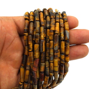 Tiger Eye Tube Beads: Smooth Yellow Gemstone Cylinders, 13&quot; Strand