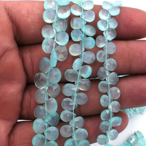 Natural Aqua Chalcedony Heart Beads, Side Drill Faceted Gemstone Beads, 7''Strand, Fine Quality Chalcedony Heart Briolette Beads Jewelry