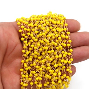 Yellow Opal Hydro Beads, Rosary Chain, 3mm, Rondelle Faceted, Gold Plated Wire Wrapped Chain, Rosary Beaded Chain, Jewelry Making Chain