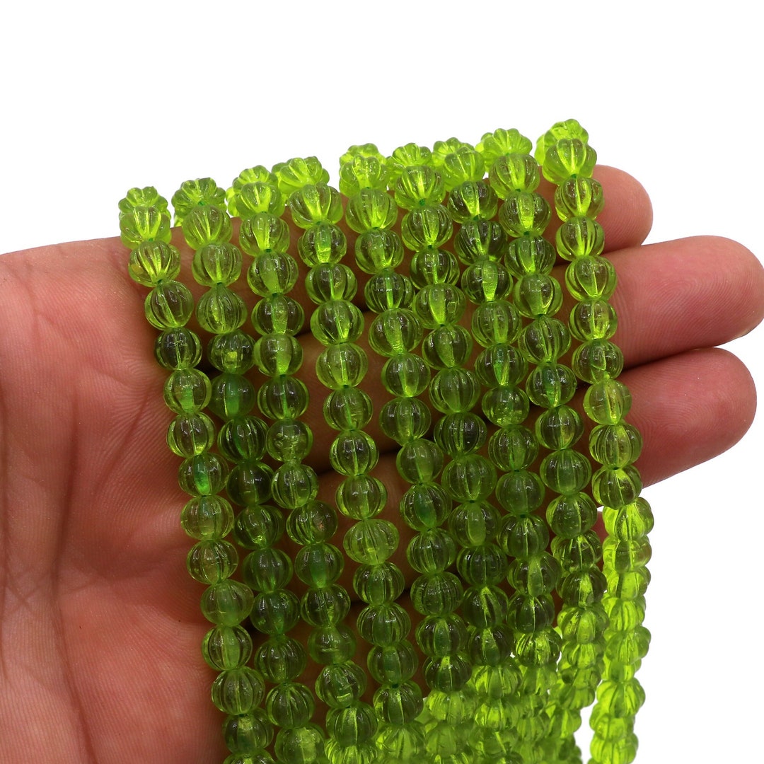Green Peridot Color Hydro Melon Shape Beads, 7mm Beads, Peridot Carved