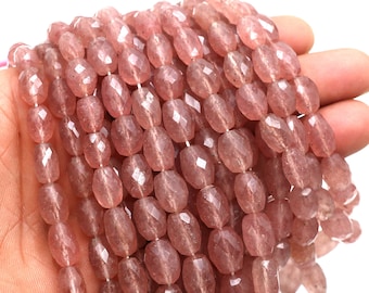 Pink Strawberry Quartz Beads: Oval Barrel Faceted Gemstone, 6x8-10x13mm