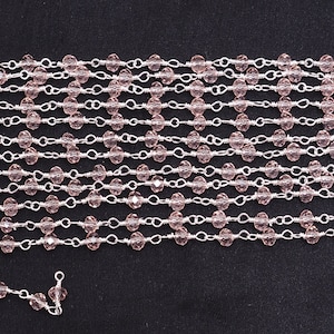 Rosary Beaded Chain, Rose Quartz Hydro, 3mm, Rondelle Faceted, Silver Plated Wire Wrapped, Pink Bead Rosary, Bulk Roll, Craft Supplies Chain
