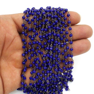 Blue Lapis Lazuli, Hydro Rondelle Faceted, Rosary Beaded Chain, 3mm, Gunmetal Wire Wrapped Chain, Jewelry Supplies Tool For Craft, Findings